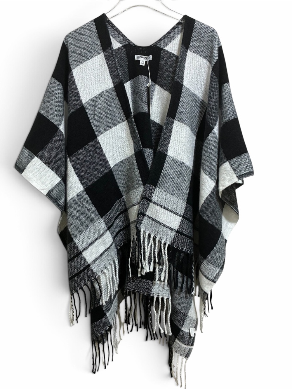 New Jon & Anna Poncho One Size Shawl Cardigan Wrap Fringe Plaid Black White OS - Picture 2 of 11